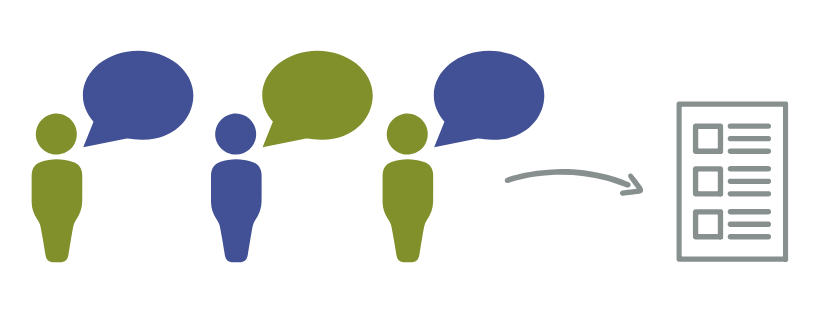 Graphic of three human silhouettes with speech bubbles. Two of the people (on the left and on the right) are an olive green with deep blue speech bubbles. The person in the middle is deep blue with an olive green speech bubble. To the left of all three is a grey arrow curved slightly downward and pointing to an outline of a grey piece of paper with lines of text and check boxes.