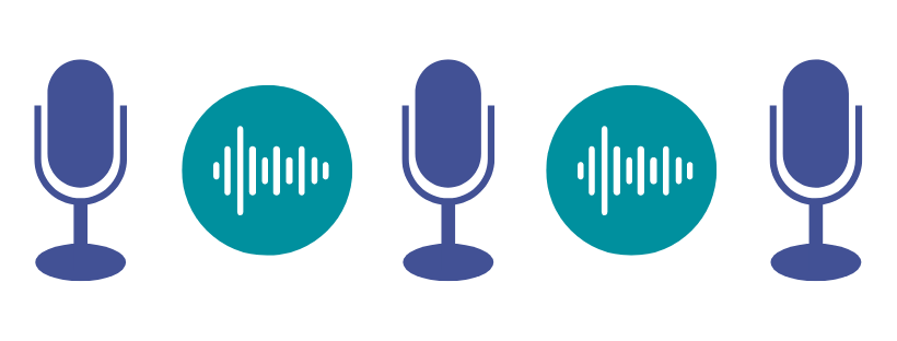 Graphic of three deep blue podcasting microphones alternating with two teal blue circles with white sound waves in the center.