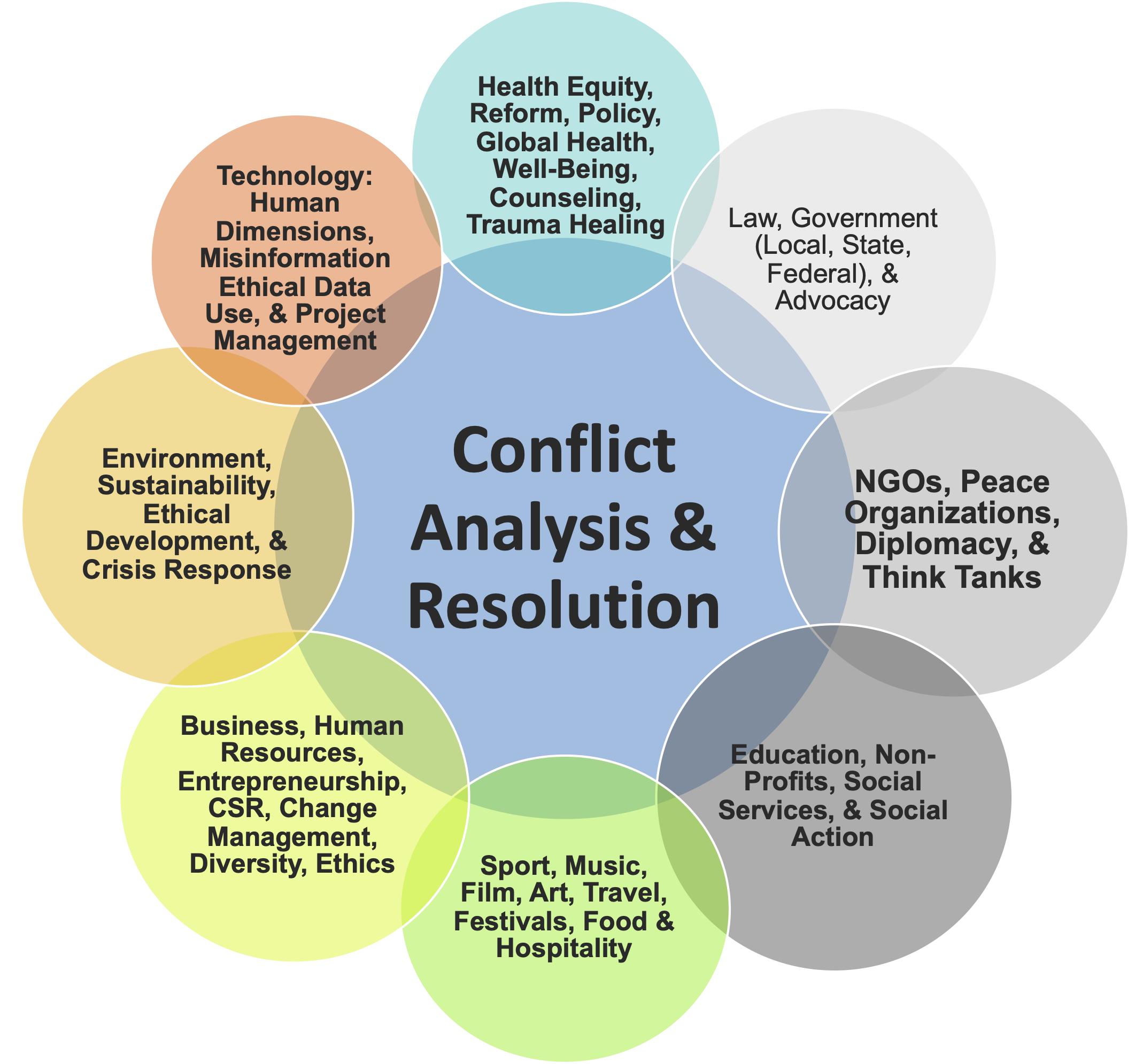 Overlapping circles containing professional fields where Conflict Analysis and Resolution grads work. The text contained in this image is repeated on the page.