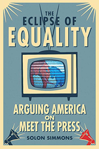 Book cover of "Eclipse of Equality" with a red elephant and blue donkey butting heads on an old-style television.