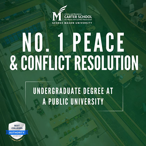 Graphic reading "Number 1 Peace and Conflict Resolution Undergraduate degree at a public university"