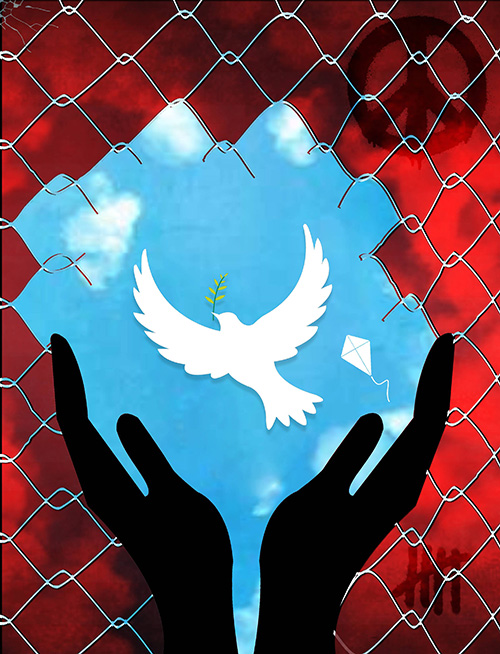 A white dove with a fig leaf and kite fly through a gap in a chain link fence against the back ground of a clear sky. The fence is red and smoky. Silhouetted hands released the dove and remain raised upwards.