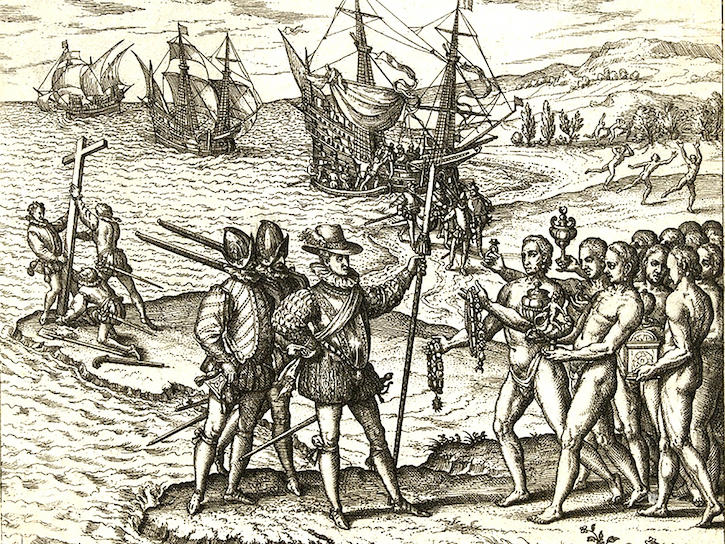 Depiction of Spaniards encountering the indigenous people of Hispaniola.