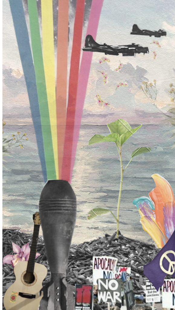 Image collage with rainbow emitting from bomb, airplanes dropping flowers on plant growing out of pile of guns among anti war signs and musical instrument.