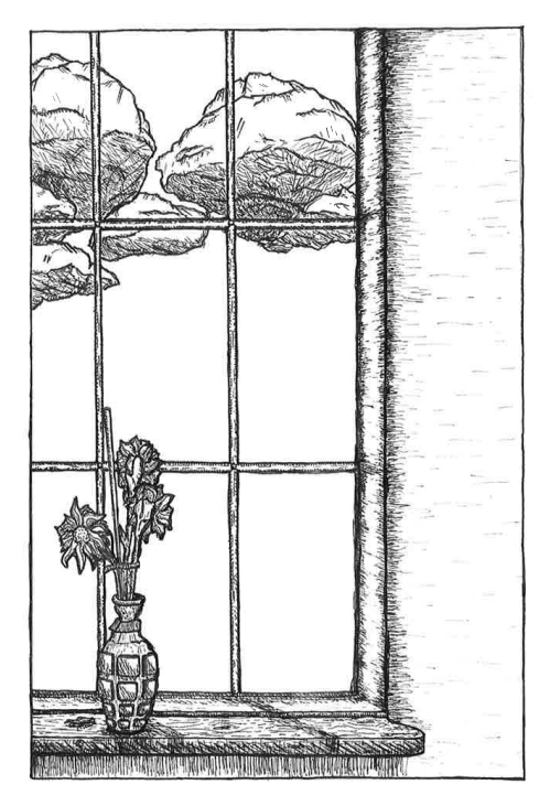 A vase of flowers sitting in front of a windowpane with clouds in the sky